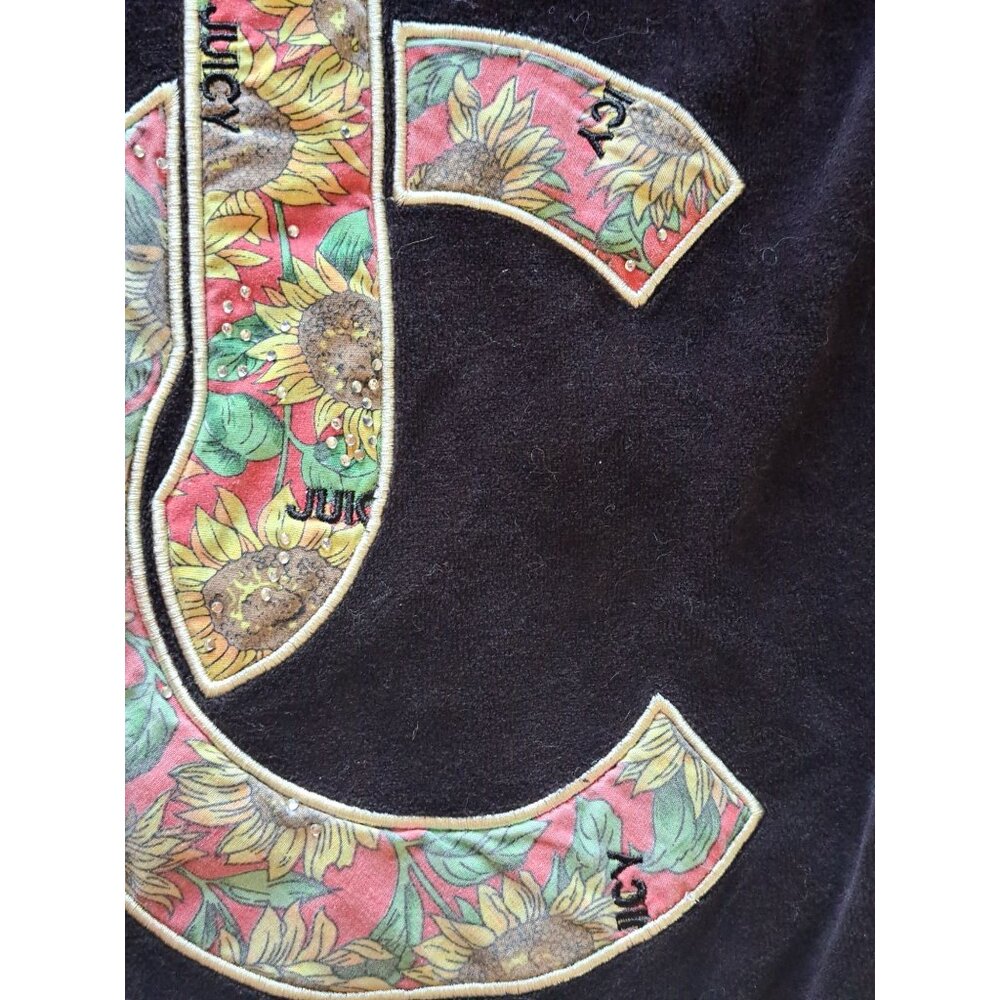 Y2K Juicy Couture Black Velour Hoodie Sunflower Embroidered Logo Women's  XS - Picture 3 of 13